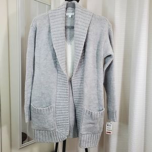 Charter Club Grey Open Front Shawl Collar Cardigan Sweater With Heart sz Sm NWT